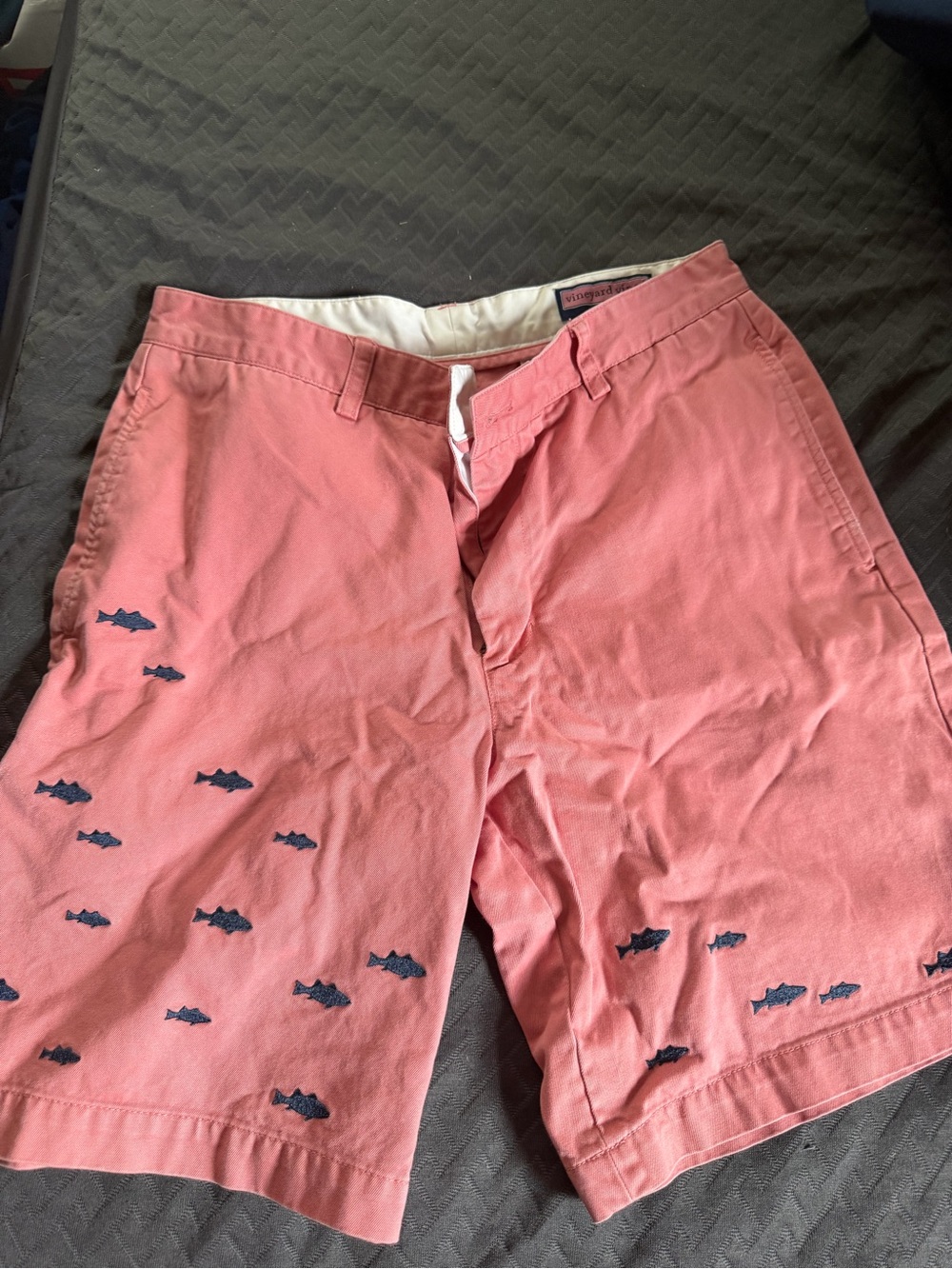 Vineyard Vines Coral Shorts with Navy Fish Embroidery